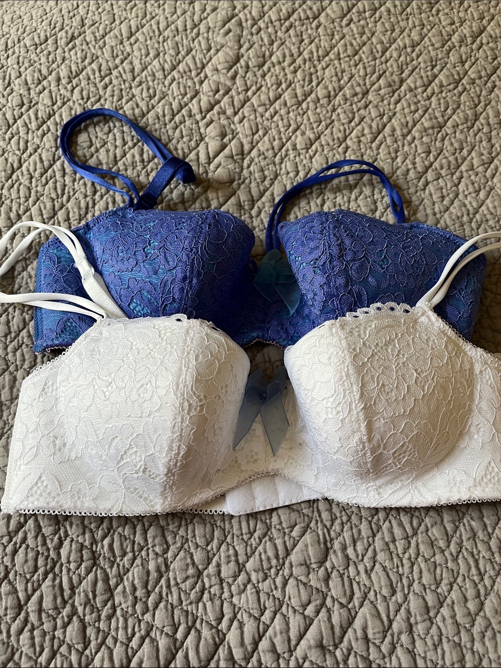 Lace Balconette Bra Set - Blue & White - underwire